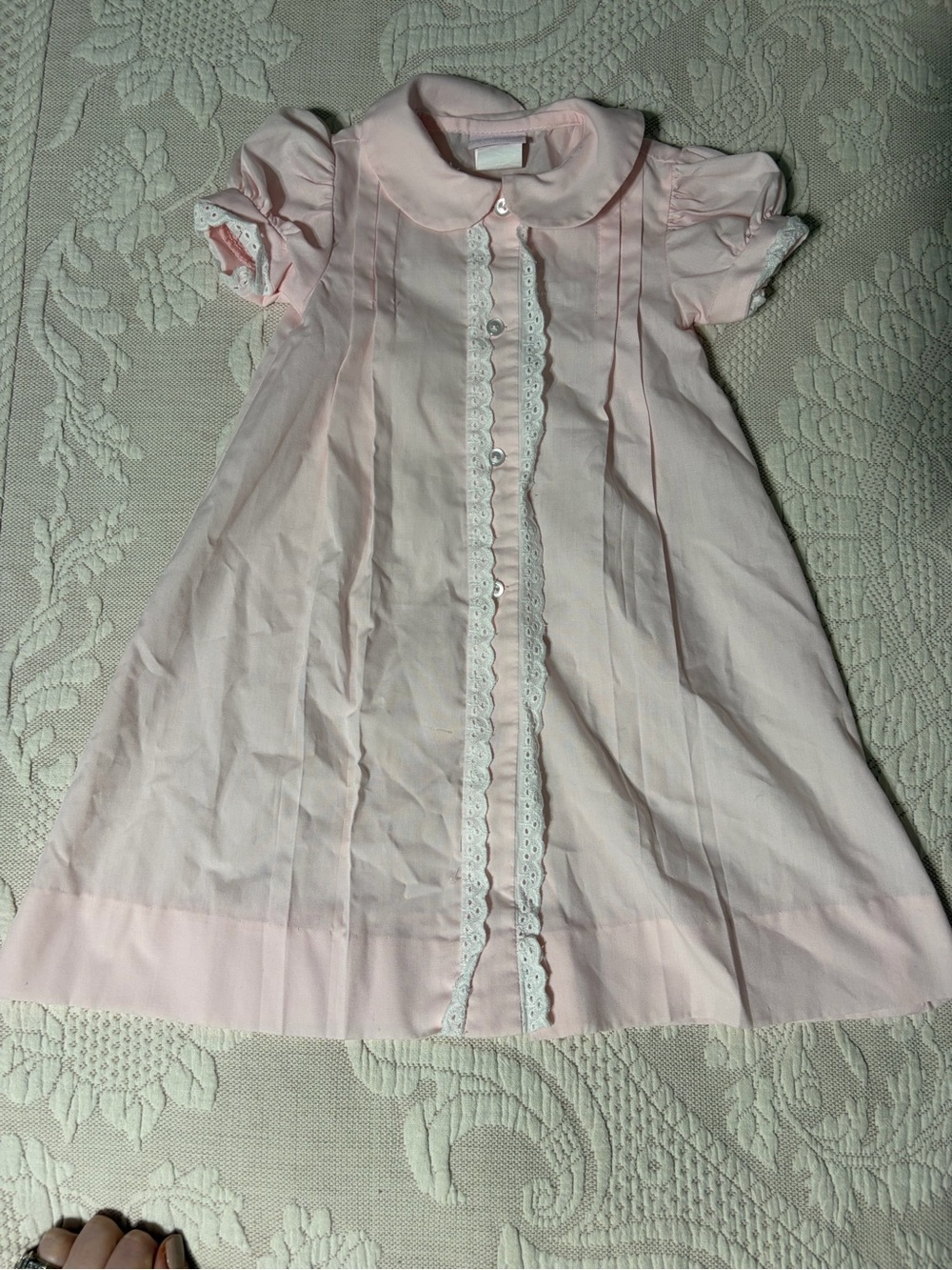 Lullaby Set Newbor. Pink Lace-Front Peter Pan Collar dress coming home heirloom